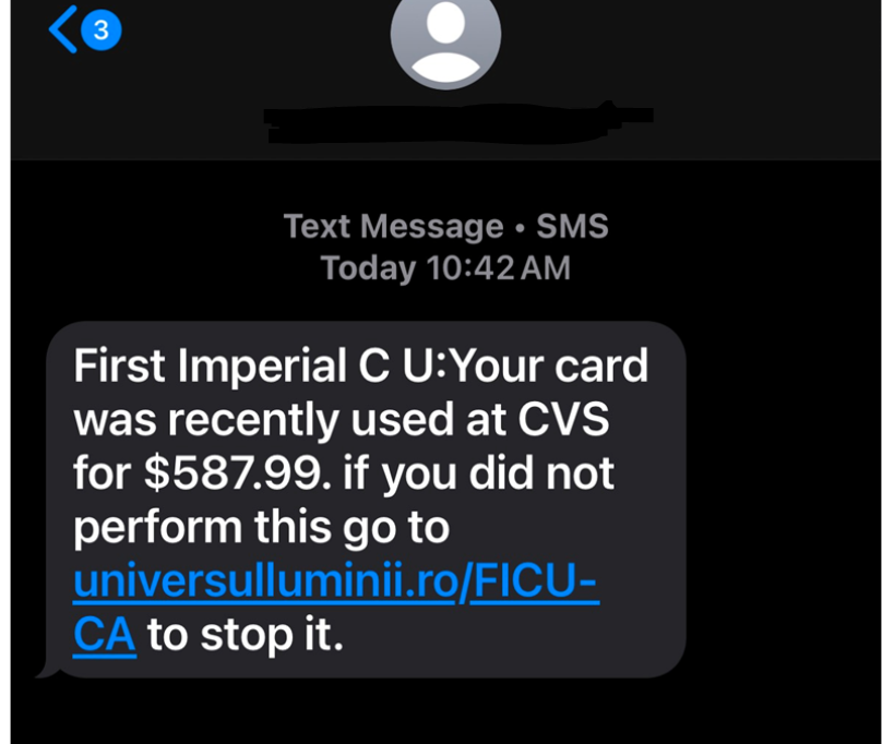 Screen capture of smishing text message on phone.