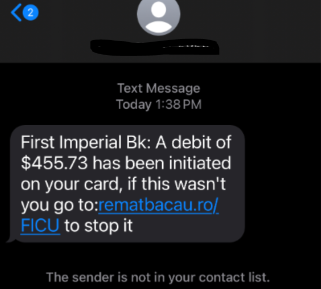 Screen capture of smishing text message on phone.