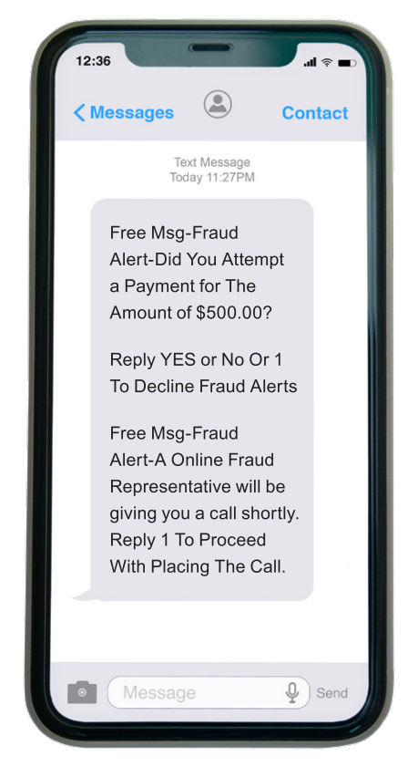 Image of a phone with a fraudster sending a phishing text.